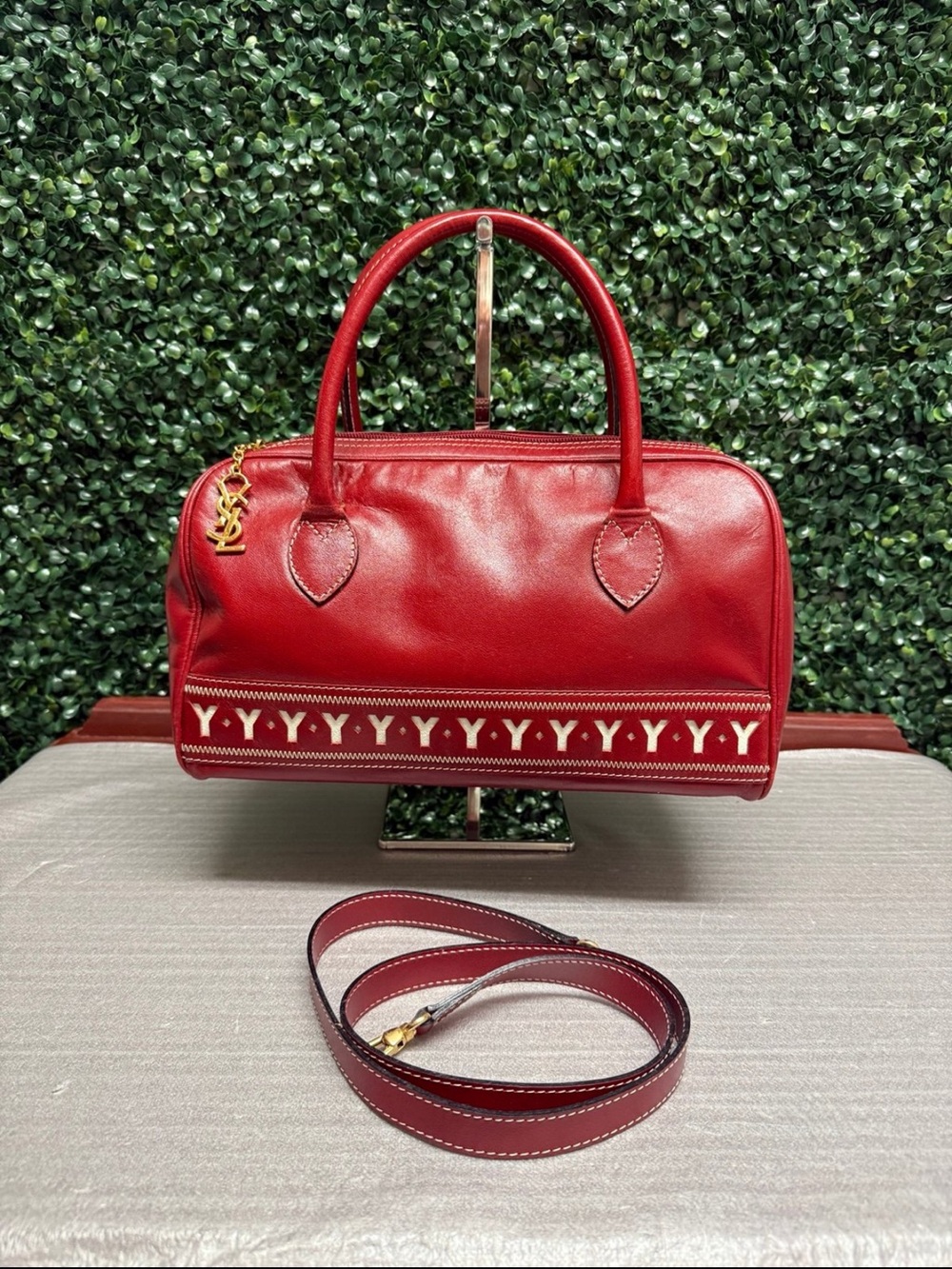 YSL Yves St. Laurent Vintage Red Leather Boston Bag Bowling Logo Y